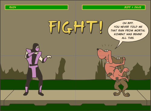 The final panel on a recent issue of the Bifter, which shows a scene resembling the Mortal Kombat computer game series. One of the combatant's is animated whilst in a fighting pose.