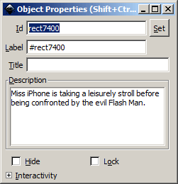 Screenshot of Inkscape’s Object Properties dialog box with our example description placed inside the description box